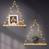 1 x RAW Customer Returns Brmeday Set of 2 Rope Shelves, Macrame Wood Wall Shelf, Handmade, with 3M LED Light Chain, Bohemian Wall Decoration for Living Room, Bedroom, Bathroom - RRP €23.04