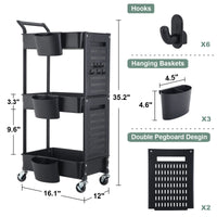 1 x RAW Customer Returns HBTower Serving Cart Kitchen Cart 3 Levels, 3-Tier Utility Rolling Cart, Mobile Utility Storage Cart with DIY Dual Pegboards, Storage Shelves Organizer Cart, 3 Hanging Baskets, Easy Assembly - RRP €44.99