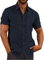 1 x RAW Customer Returns Friptspyg Men s Linen Shirt, Short Sleeve Shirt, Button Down, Regular Fit, Casual Shirts for Men, Beach Shirt, Casual Summer Shirt with Pocket, Navy Blue XL - RRP €27.53