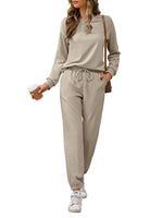 1 x RAW Customer Returns REORIA Women Long Sleeve Crewneck Solid Color Two Piece Outfit Sweatshirt Jogger Tracksuit Set Sweatshirt and Sweatpants Beige S - RRP €33.26