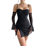 1 x RAW Customer Returns Loalirando Women s Cocktail Dress Elegant Dress Women Strapless Transparent Mini Short Dress with Long Sleeves Bodycon Sexy Party Evening Clubwear Black, S  - RRP €28.51