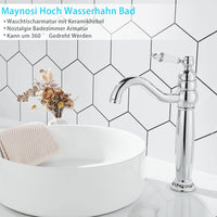 1 x RAW Customer Returns Maynosi high faucet bathroom, high wash basin faucet with ceramic lever, single lever mixer bathroom faucet, can be rotated 360 , nostalgic bathroom faucet, country house style, brass chrome  - RRP €58.78