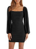 1 x RAW Customer Returns Wenrine Women s Mesh Long Sleeve Square Neck Ruffle Party Club Cocktail Bodycon Mini Dress Black, S  - RRP €40.33