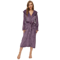 1 x RAW Customer Returns Mnemo Women s Fleece Bathrobe Long Sleeve Dressing Gown Winter Sauna Robe with Hood and Pockets, Pale Pinkish Grey, M - RRP €34.99