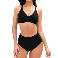 1 x RAW Customer Returns Mooncore Bikini Women Set High Waist Push Up Tummy Control Crossover Top Swimwear Two Piece Swimsuit Black, L  - RRP €26.22