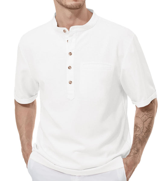 1 x Brand New SwissWell Henley Shirt Short Sleeve Men Solid Color Tops Casual Stand Collar T Shirt Casual Short Sleeve Shirts Men White M - RRP €35.4