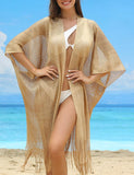 1 x RAW Customer Returns Ferand Women s Summer Kimono Cardigan Open Front Fringe Beach Cover Up Long Kimono for Bikini Swimwear One Size Light Gold - RRP €19.15