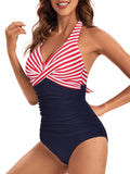 1 x RAW Customer Returns VILOREE Women s Swimsuit One-Piece Swimwear Swimsuit Halterneck V-Neck Backless Push Up Figure-Shaping Tummy Control Red Stripes L - RRP €33.96