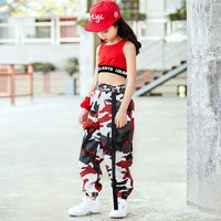 1 x RAW Customer Returns LOLANTA Girls Hip Hop Street Dance Clothing Set Jazz Dancewear Tank Top Camouflage Pants, Red, 150 - RRP €35.98