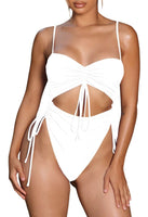 1 x RAW Customer Returns Viottiset Women s Cut Out One Piece Swimsuit Strappy Cheeky Ruched Laced Drawstring Swimwear White L - RRP €34.99