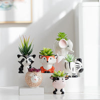 1 x RAW Customer Returns B SEPOR Small Ceramic Animal Succulent Planters with Drainage and Wooden Saucer Beautiful Unique Gift Fox Panda Cow Elephant Sheep Zebra Pack of 6 - RRP €20.4