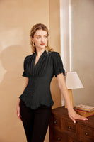 1 x RAW Customer Returns Women s Gothic Pleated Shirt Tops Renaissance Short Puff Sleeve V-Neck Blouse Black L - RRP €30.24