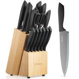 1 x RAW Customer Returns Knife set, D.Perlla 15-piece knife block set with wooden block, black kitchen knife set with wooden block, knife block set with non-stick coating, German stainless steel kitchen knife set with chef s knife - RRP €41.78