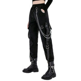 1 x RAW Customer Returns MEINVQIAOTI Black Cargo Pants for Women Techwear Loose Women Street Rock Style Casual Black Pants with Chain Goth Trousers Black,L  - RRP €37.3