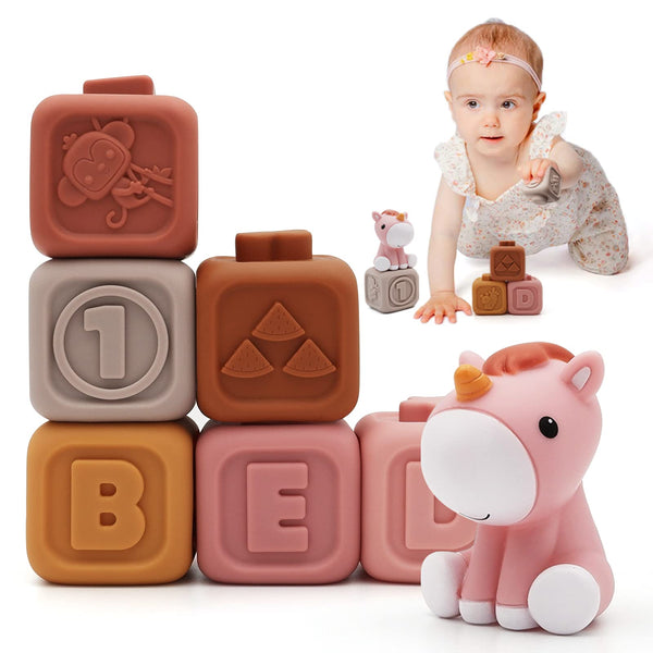 29 x Brand New Nuepaly 7 Pcs Squeeze Teething Toys, Baby Soft Building Blocks with Horse Figure, Sensory Stacking Toys, Shower Gifts for 6 12 18 Months Baby Toddler Boys Girls - RRP €289.71