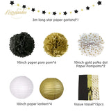 4 x Brand New Nicrolandee 28 Pack Tissue Paper Party Decorations with Hanging Paper Lanterns and Star Garland for Wedding, 21st, 30th and 60th Birthday - Black and Gold - RRP €76.8