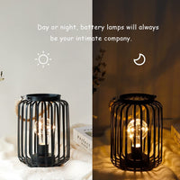 6 x Brand New JHY DESIGN Hanging Battery Operated Lamp, Metal Cage Table Lamp Decorative 19cm High Wireless Battery Light for Weddings Bedroom Living Room Patio Outdoor with Hemp Rope Handle  - RRP €119.94