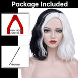 6 x Brand New Cruella Deville Costume Wig for Women Black and White Bob Wigs for Cruella with 1920s Red Gloves Women Cosplay Party Synthetic Wig R028 - RRP €115.2