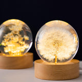 1 x RAW Customer Returns Night Light, Crystal Ball, 6cm Glass Ball Lamp with Wooden Base, LED Light Base, USB Charging Flower Sample Night Lamp with Stand Dandelion  - RRP €24.79