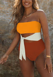 1 x RAW Customer Returns Viottiset Women s Bandeau Swimsuit Tummy Control Strapless Monokini One Piece High Cut Waist Tie Swimwear Orange White XXL - RRP €32.26