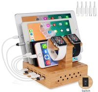 1 x RAW Customer Returns Yisen mobile phone wooden bamboo USB charging station, universal charger docking station, DIY assemble organizer holder for Apple iWatch iPhone iPad Cellphone Tablets PAL power cable  - RRP €42.94