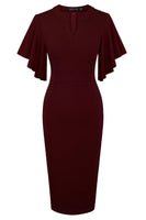 1 x RAW Customer Returns HOMEYEE Women s Elegant V-Neck with Ruffle Sleeve Stretch Party Dress B572 L, Dark Red  - RRP €37.99