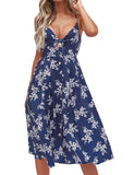 1 x RAW Customer Returns FANCYINN Dress Women Summer Knee Length Neckline V-Neck Summer Dress Midi Straps Backless A-Line Dresses Beach Dresses Floral Print Navy Blue L - RRP €20.11