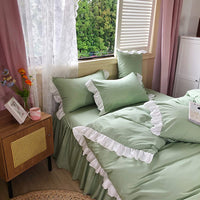 1 x RAW Customer Returns AShanlan Ruffle Bedding 135x200 4-piece Green White Romantic Ruffle Bedding Set Super Soft Microfiber Summer Green Duvet Cover with Pillowcase 80x80 cm Zipper - RRP €60.49