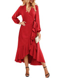 1 x RAW Customer Returns Beluring Women Autumn Dresses Long Sleeve Wrap Dress V Neck Solid Color Casual Dress Red XXL - RRP €38.17