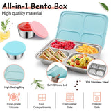 1 x RAW Customer Returns Bento lunch box, stainless steel bento boxes with silicone lid, 580 ml lunch box with compartments, closures, leak-proof reusable bread box, snack box, lunch box with 2 x 50 ml salad dressing dip containers blue  - RRP €18.99