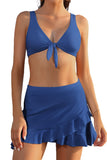 1 x RAW Customer Returns SHEKINI Women s Two-Piece Swimsuit V Neck Knot Bikini Top Backless Bikini Set with High Waist Sports Skirt Swimming Skirt Adjustable M, Blue  - RRP €31.93