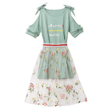 1 x Brand New amropi Girls Summer Dress Tulle Skirt T-Shirt Top with Short Sleeves Dresses Green, 7-8 Years - RRP €24.0