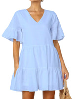 1 x RAW Customer Returns FANCYINN Summer Dress Women Short Tunic Dress V-Neck Flounce Loose Swing Mini Dresses Light Blue, XL  - RRP €31.99