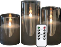 1 x RAW Customer Returns Eldnacele LED candles with timer function flickering flame, electric real wax candles in glass, 3-piece flameless candle set, LED pillar candles with remote control, art and room decoration, gray - RRP €29.99