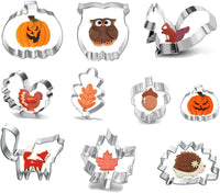 1 x Brand New Autumn cookie cutters, 10 pieces leaf cookie cutters, Thanksgiving cookie cutters, stainless steel DIY cookie cutters with maple leaf, oak leaf, squirrel, acorn, hedgehog, pumpkin for cookie fondant baking - RRP €20.4