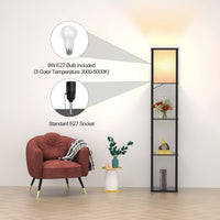 1 x RAW Customer Returns Floor lamp with wooden shelf, floor lamp living room with E27 bulb 3 color temperatures, floor lamp 1.62M with lampshade, modern black floor lamp with 3 wooden shelves for living room bedroom office - RRP €68.84