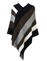 5 x Brand New Ferand - Knitted Poncho Pullover for Women - Stole, Elegant Shawl, Large Stripes and Fringes Design, Warm - One Size - Brown Gray - RRP €149.95