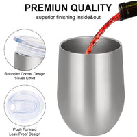 1 x RAW Customer Returns Joymaking 2 Pack Stainless Steel Wine Cups, Stemless Wine Cups with Lids, Double-Walled Unbreakable Travel Cups for Milk, Coffee, Wine, Beer, Champagne, Cocktails, Silver - RRP €18.74