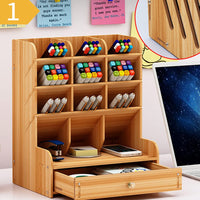 1 x Brand New Wooden Desk Organizer Multifunctional Stationary Storage Desk with Hook Mount for Home Office Supplies B11  - RRP €15.62