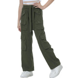 1 x RAW Customer Returns Rolanko Girls Baggy Cargo Pants, Elastic High Waist Straight Wide Leg Streetwear Pants with Multiple Pockets, Green, Size 160 - RRP €33.99