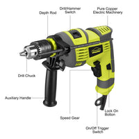 1 x RAW Customer Returns Impact Drill, 710W Electric Corded Hammer Drill, 13mm Metal Chuck, 0-3300RPM, Powerful Variable Speed Drill for Drilling in Steel - RRP €52.43