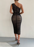 1 x RAW Customer Returns Justchicc Women Mesh One Shoulder Backless Ruched Club Party Midi Dress Black Small - RRP €35.28