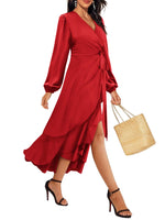 1 x RAW Customer Returns Beluring Women Autumn Dresses Long Sleeve Wrap Dress V Neck Solid Color Casual Dress Red XXL - RRP €38.17