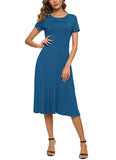 1 x RAW Customer Returns EXCHIC Women s Casual Round Neck A-Line Short Sleeve Midi Dress Summer Stretchy Knee Length Casual Dresses L, Steel Blue  - RRP €33.16