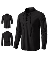 1 x RAW Customer Returns YAOHUOLE Linen Shirt Men Long Sleeve Men Long Sleeve Comfortable Lace Up Pirate Shirts Black 3XL - RRP €25.19