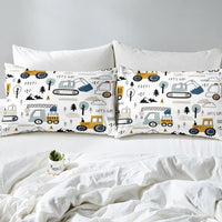 1 x RAW Customer Returns 3 Piece Single Bed Sheet Set - Construction Machinery Tractor, Digger, Truck, etc. Cartoon Style - White and Yellow - Fitted Sheet with Deep Pocket - RRP €36.12