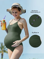 1 x RAW Customer Returns Summer Mae Maternity Swimsuit Button Neck Maternity Swimwear Scoop Neck Pregnant Swimsuit Grass Green M - RRP €40.33