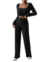 1 x RAW Customer Returns GORGLITTER Women s 2 Piece Set Crop Long Sleeve Shirt and Pants Two Piece Outfit Set Autumn Streetwear Tracksuit Wide Leg Pants Black S - RRP €36.29