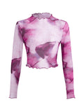 1 x RAW Customer Returns GORGLITTER Crop Tops Women s Long Sleeve Mesh Top Transparent Shirt Batik Top Sexy Long Sleeve Shirt with Wave Hem Pink and White S - RRP €23.18