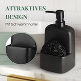 1 x RAW Customer Returns Autumnlife Soap Dispenser Black, Ceramic Dishwashing Liquid Dispenser for Kitchen, Large Liquid Hand Soap Dispenser with Sponge Holder, Refillable Matt Soap Dispenser for Bathroom, Kitchen, 600ml - RRP €19.15